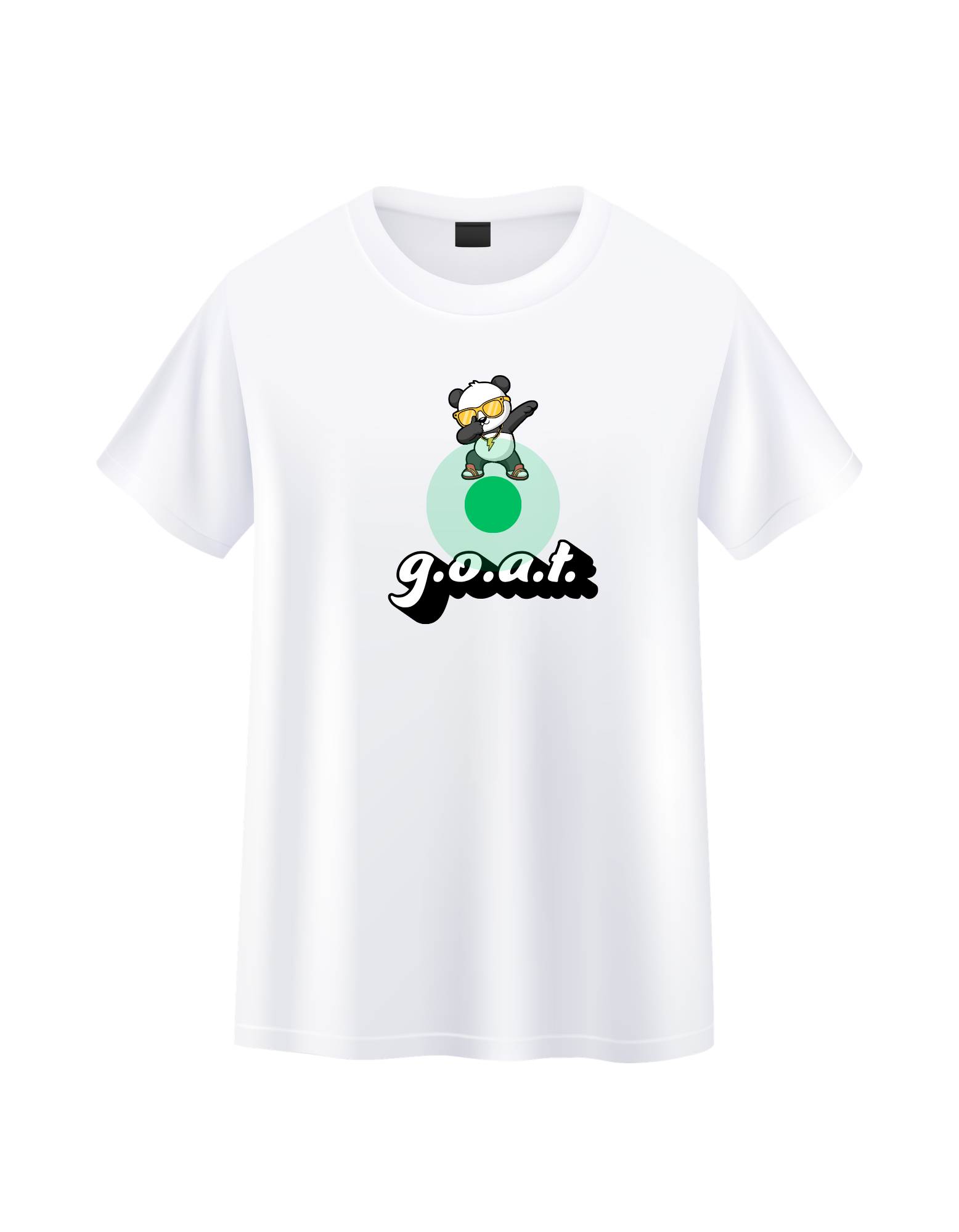 jusCode g.o.a.t. tee: white t-shirt with dabbing panda and g.o.a.t. script